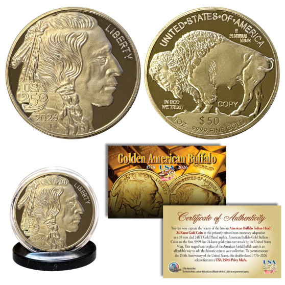 2026 USA 250 24K Gold Plated $50 AMERICAN GOLD BUFFALO Indian PROOF TRIBUTE Coin