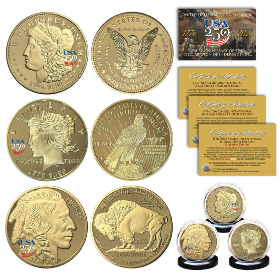 USA 250 PRIVY America 2026 MORGAN + PEACE + BUFFALO 1 OZ Golden Proof 3 Coin Set