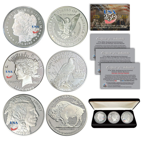 USA 250 PRIVY America 2026 MORGAN + PEACE + BUFFALO 1 OZ Nickel-Silver 3 Coin Set With Case