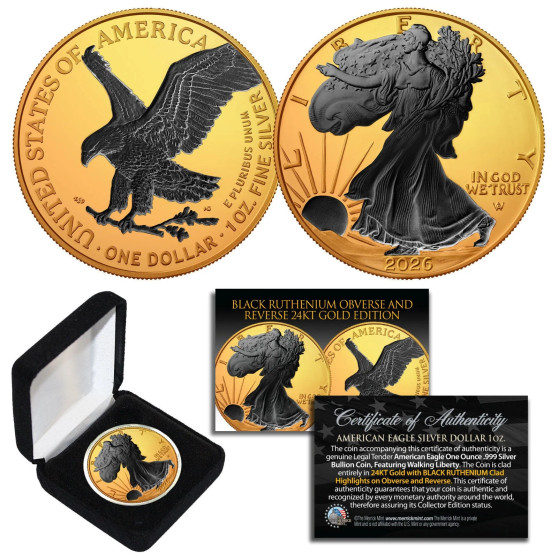 2026 1 Oz. Silver $1 BLACK EAGLE Ruthenium EDITION 24K Gold Gilded U.S. Coin with Box