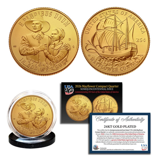 2026 Mayflower Compact 24K Gold Plated Uncirculated Quarter 1776-2026 - Lot of 2