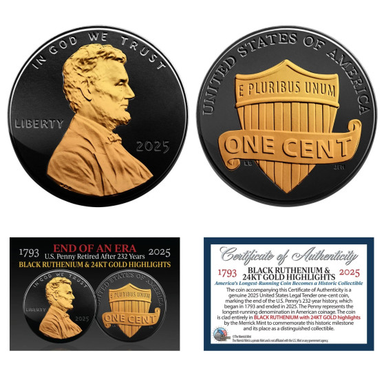 2025 U.S. Penny Cent Uncirculated Black Ruthenium with 24K Gold Plated FINAL ISSUE