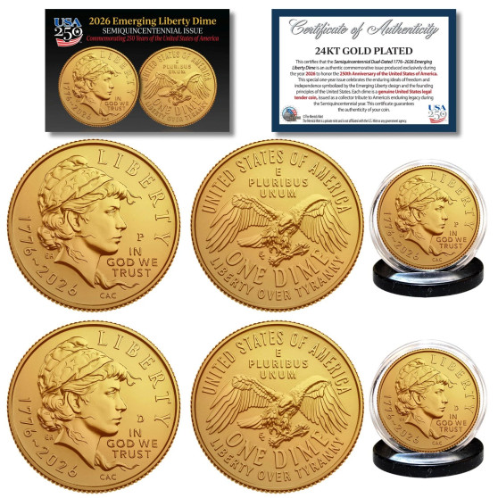 2026 P&D MINT 24K GOLD Plated Emerging Liberty Dime 2 Coin Set BU America 250