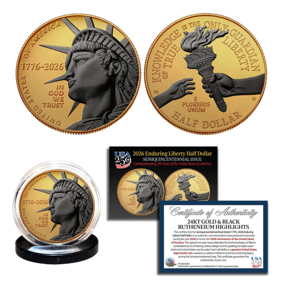 2026-P Enduring Liberty Half Dollar BU Coin America 250  24K Gold with Black Ruthenium Highlights