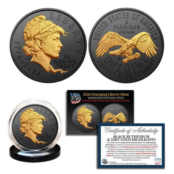 2026-P Emerging Liberty Dime BU Coin America 250 Black Ruthenium with 24K Gold Highlights