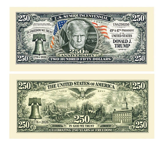 Set of 20 U.S. Semiquincentennial Colorized Trump 250 Dollar Novelty Bills
