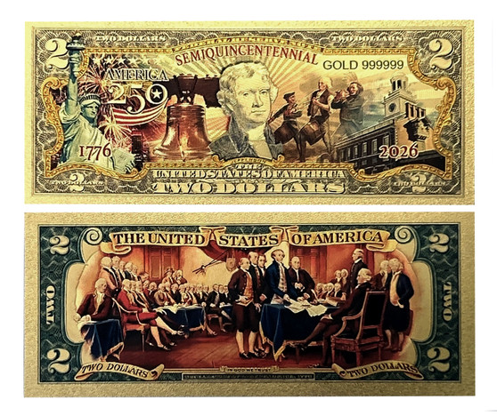Set of 4 USA 250th Anniversary 1776-2026 Liberty Bell Drummers Novelty Gold $2 Bills