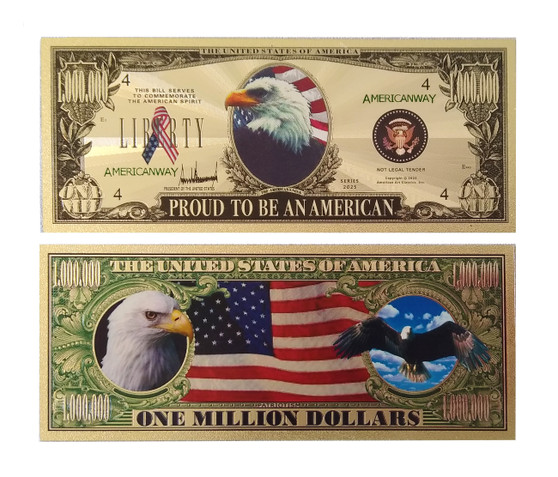 Set of 4 "Proud To Be An American" Metallic Silver Novelty $1 Million Bills