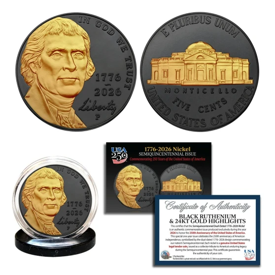2026-P Jefferson Liberty Nickel BU Coin America 250 BLACK RUTHENIUM & 24K GOLD Highlights