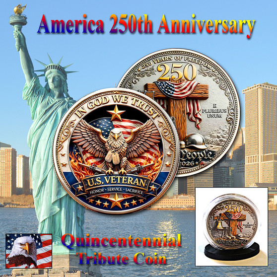 America 250 1 Oz. Tribute Coin - Honoring Veterans & Cross