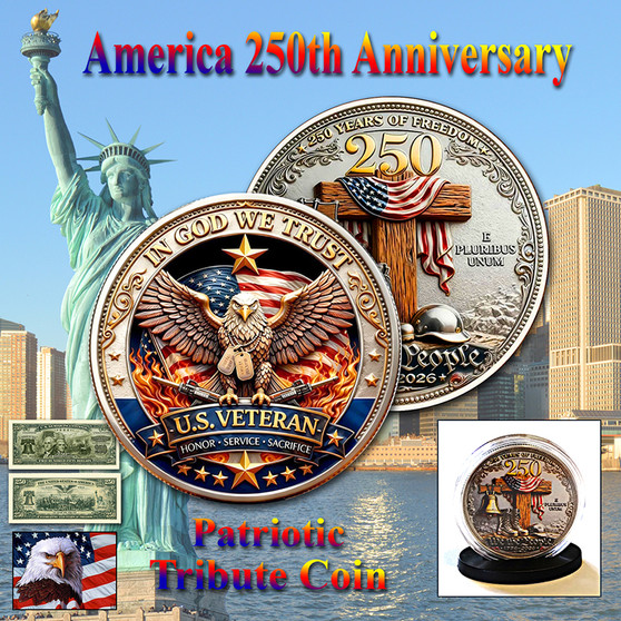 America 250 1 Oz. Tribute Coin - Honoring Veterans & Cross