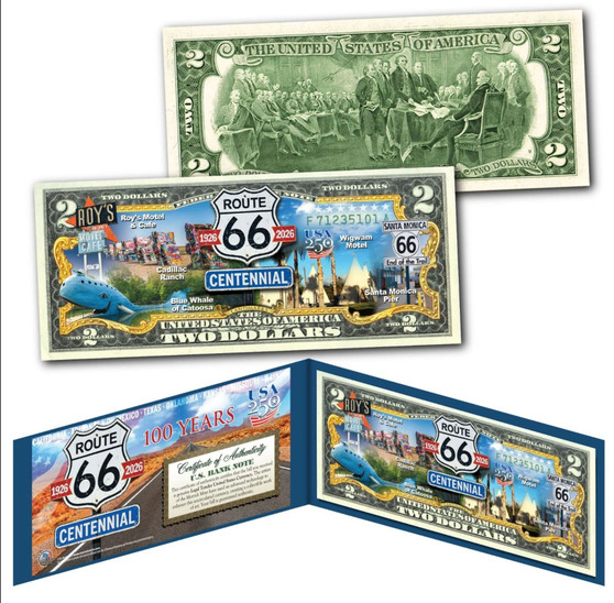 ROUTE 66 LANDMARKS 100th Anniversary 1926-2026 Colorized $2 Bill AMERICA 250