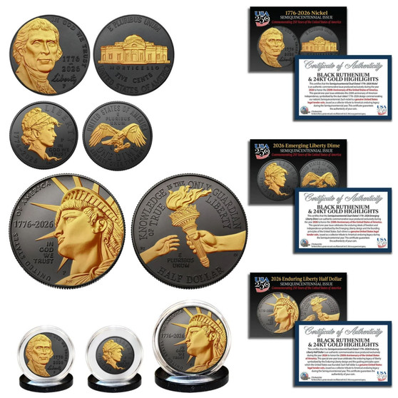 2026-P Enduring + Emerging + Jefferson 3 Coin Set BLACK RUTHENIUM & 24K GOLD Highlights