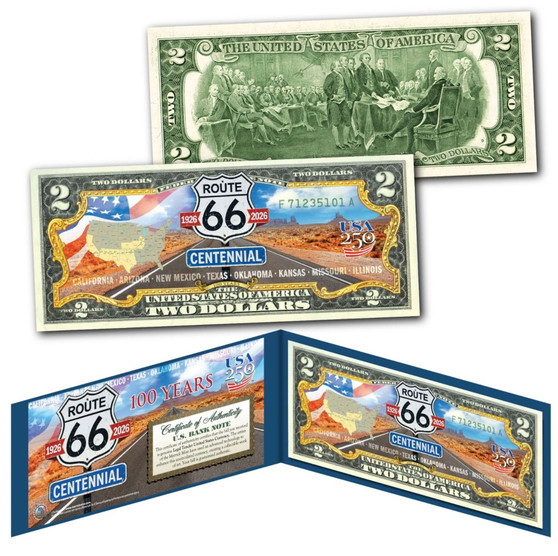 ROUTE 66 CENTENNIAL 100th Anniversary 1926-2026 Colorized $2 Bill AMERICA 250