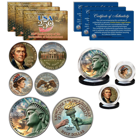 2026 America 250 Colorized Half Dollar Dime Nickel 3-Coin Set