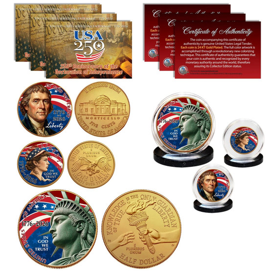 2026 USA250 Half Dollar Dime Nickel * Patriotic * 24K Gold Clad 3-Coin Set