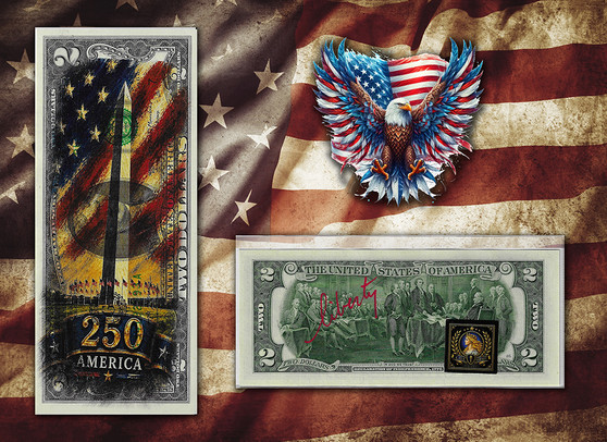 America 250 Washington Monument Colorized & Liberty Signed $2 Bill