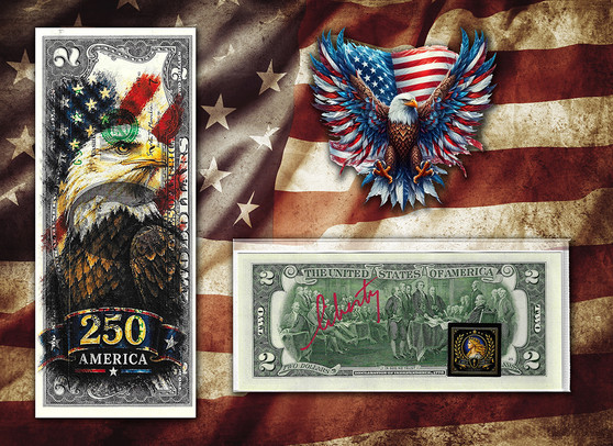 America 250 Bald Eagle Colorized & Liberty Signed $2 Bill