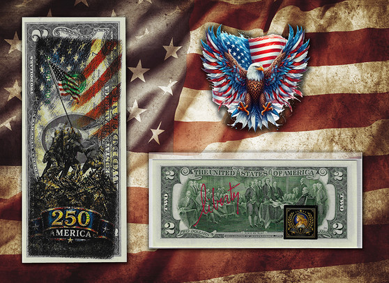 America 250 Raising The Flag Colorized & Liberty Signed $2 Bill