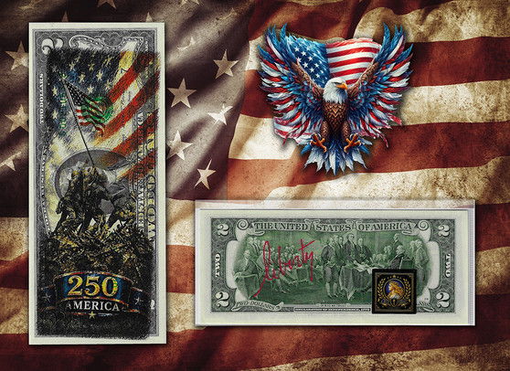 America 250 Raising The Flag Colorized & Liberty Signed $2 Bill