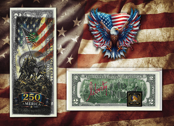 America 250 Raising The Flag Colorized & Liberty Signed $2 Bill