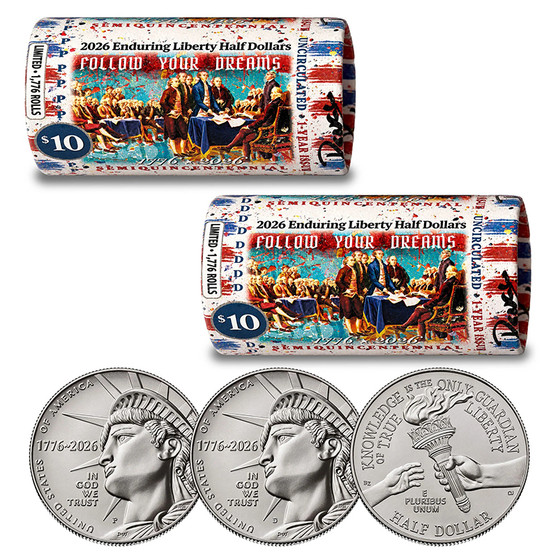2026 P & D Set Enduring Liberty Half Dollar Rolls - RENCY ART “Follow Your Dreams” Limited Edition of 1,776