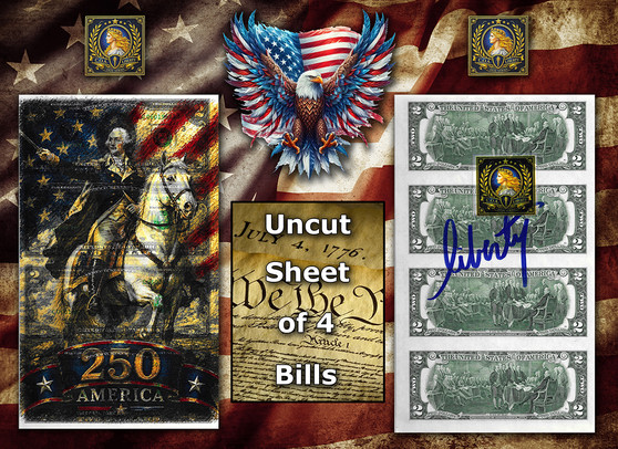 Uncut Sheet of 4 $2 Bills Liberty Colorized America 250 - Washington On Horseback