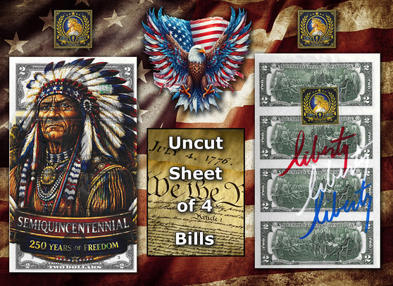 Uncut Sheet of 4 $2 Bills Liberty Colorized - Native American Chief
