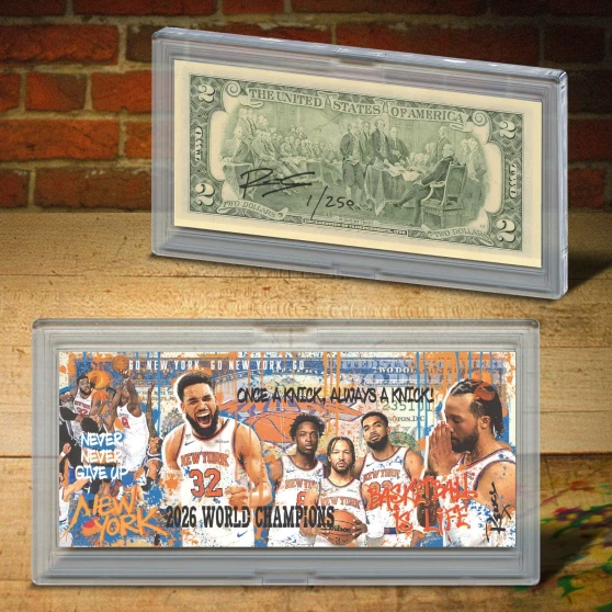 NY KNICKS Champion Pop Art Genuine $2 Bill Signed by Rency - Limited Edition S/N of 250