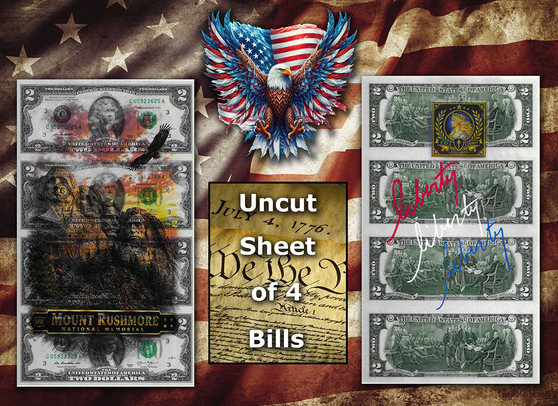 Uncut Sheet of 4 $2 Bills Liberty Colorized America 250 - Mt. Rushmore