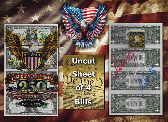 Uncut Sheet of 4 $1 Bills Liberty Colorized America 250 - Eagle & Shield Emblem