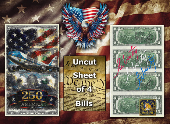 Uncut Sheet of 4 $2 Bills Liberty Colorized America 250 - Air Force One