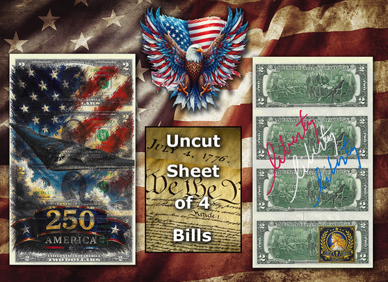 Uncut Sheet of 4 $2 Bills Liberty Colorized America 250 - B-2 Stealth Bomber
