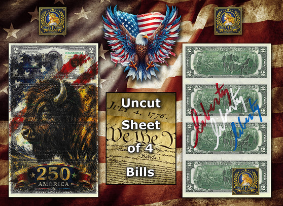 Uncut Sheet of 4 $2 Bills Liberty Colorized America 250 - American Bison