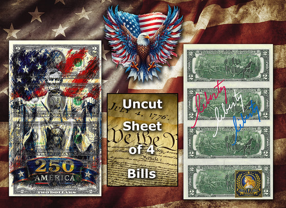 Uncut Sheet of 4 $2 Bills Liberty Colorized America 250 - Lincoln Memorial