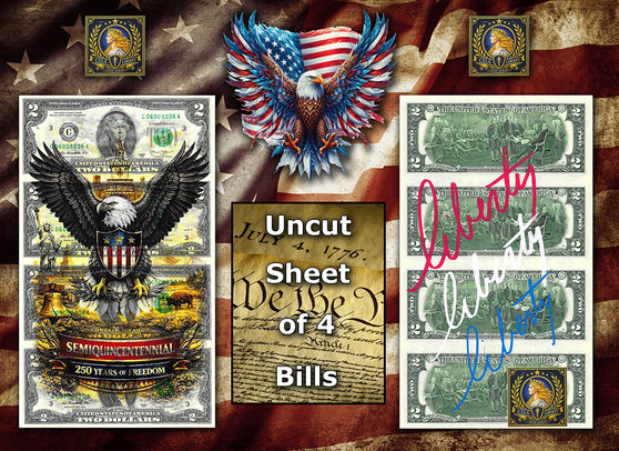 Uncut Sheet of 4 $2 Bills Liberty Colorized  - Black Eagle Emblem