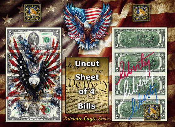 Uncut Sheet of 4 $2 Bills Liberty Colorized - Patriotic Eagle Series