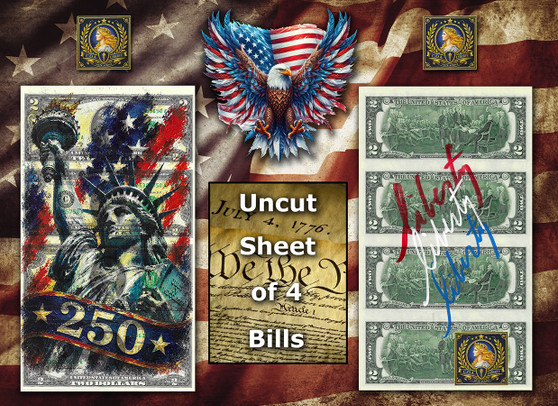 Uncut Sheet of 4 $2 Bills Liberty Colorized America 250 - Statue Of Liberty