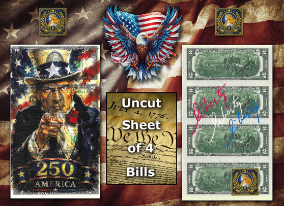 Uncut Sheet of 4 $2 Bills Liberty Colorized America 250 - Uncle Sam