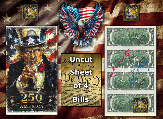 Uncut Sheet of 4 $2 Bills Liberty Colorized America 250 - Uncle Sam