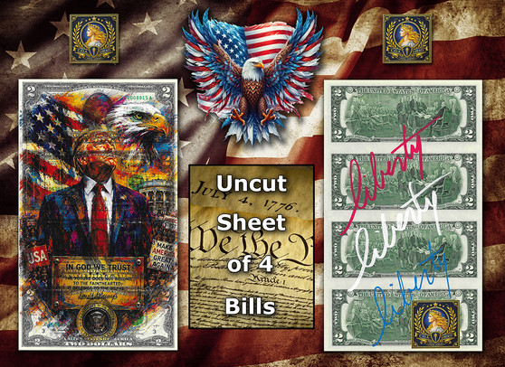 Uncut Sheet of 4 $2 Bills Liberty Colorized - President Trump Pop Art