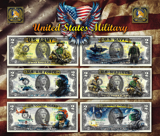 United States Military Series - Set of 6 Liberty Signed Colorized $2 Bills