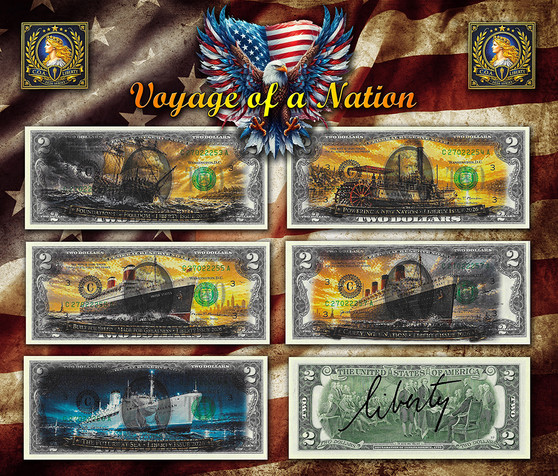 Voyage of a Nation - Colorized Liberty Signed Set of 5 $2 Bills