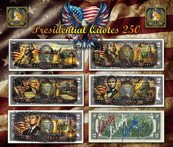Presidential Quotes - Set of 5 Liberty Signed Colorized $2 Bills