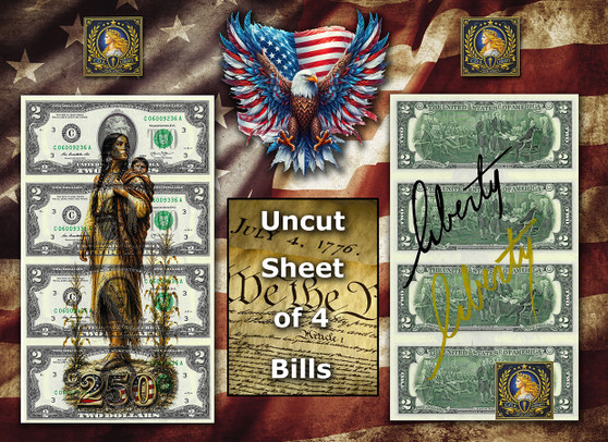 Uncut Sheet of 4 $2 Bills Liberty Colorized America 250 - Sacagawea