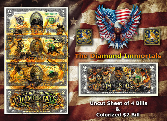 The Diamond Immortals Colorized $2 Bill Set – Uncut Sheet of 4 & Single Note by Liberty
