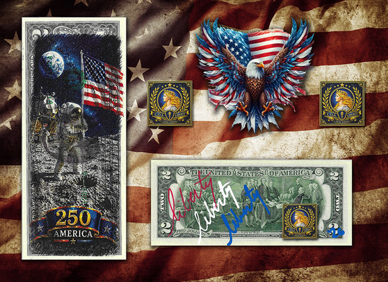 America 250 Apollo 11 Moon Landing Colorized & Liberty Signed $2 Bill