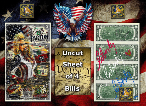 Dolly Parton - Uncut Sheet of 4 Liberty Colorized $2 Bills