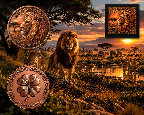 Lucky 4 Leaf Clover "African Lion" 1 Oz. Pure Copper Coin with Case