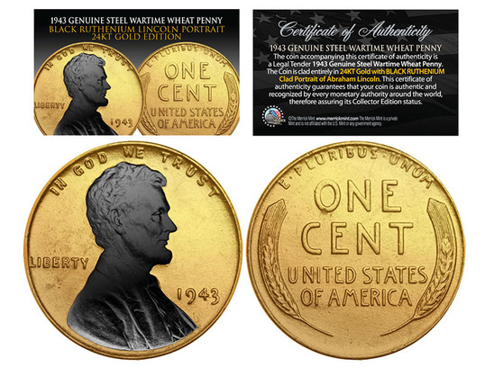 1943 24K Gold Clad & Black Ruthenium Highlights Abraham Lincoln Steelie WW II Penny